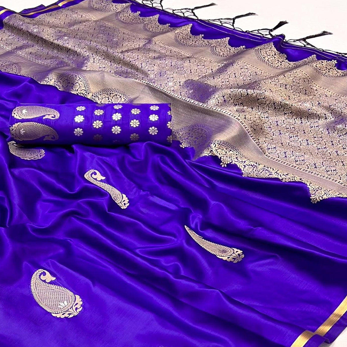 Violet Zari Work Woven Satin Saree With Tassels