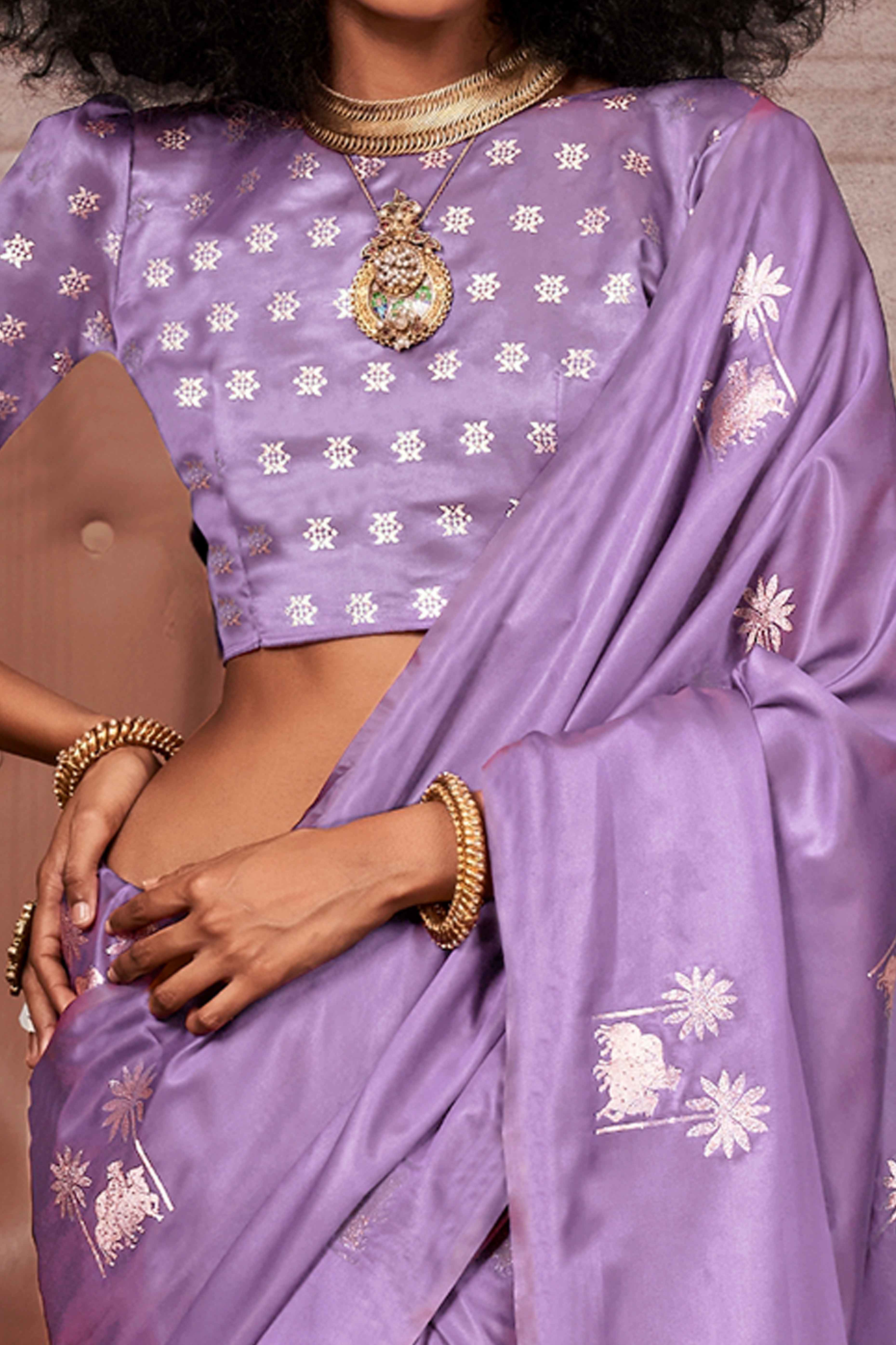 Purple Satin Silk Saree with Exquisite Floral Zari Weaving & Graceful Tassel Detailing