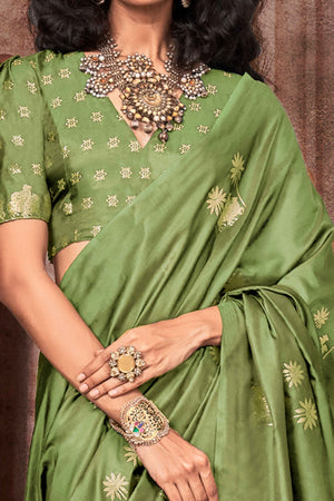 Green Satin Silk Saree with Exquisite Floral Zari Weaving & Graceful Tassel Detailing