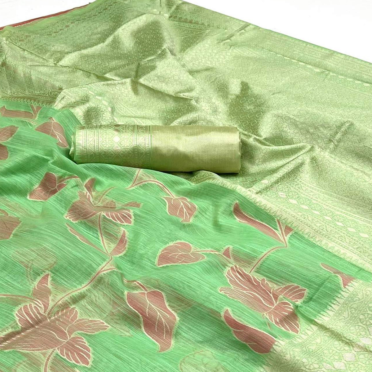 Green Floral Woven Linen Saree With Zari Work