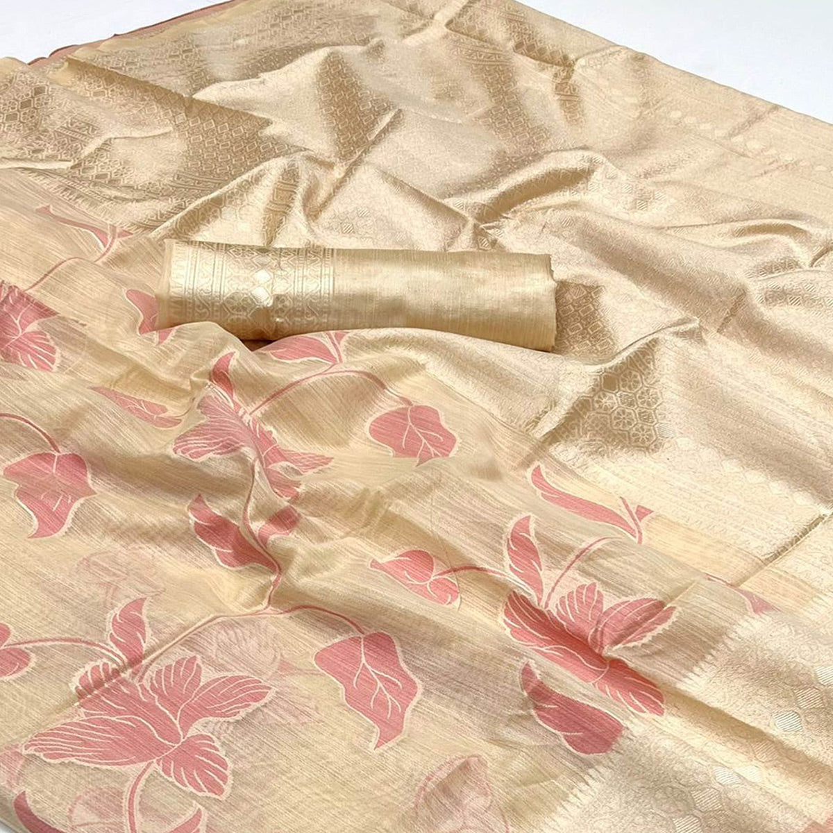 Beige Floral Woven Linen Saree With Zari Work