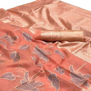 Peach Floral Woven Linen Saree With Zari Work
