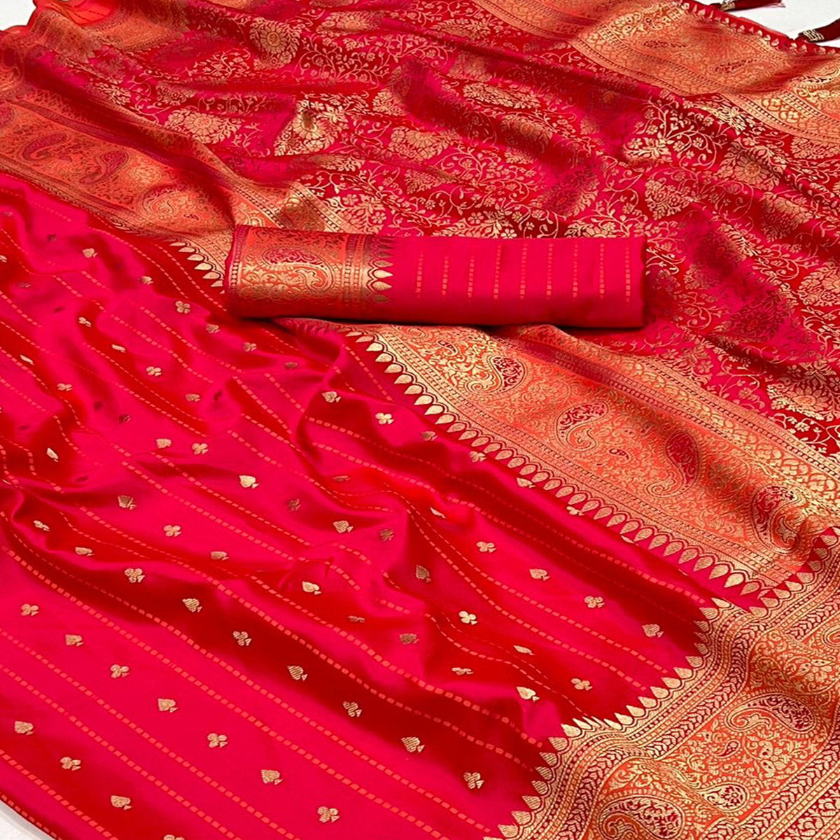 Rani Pink Woven Zari Border Satin Saree With Tassels