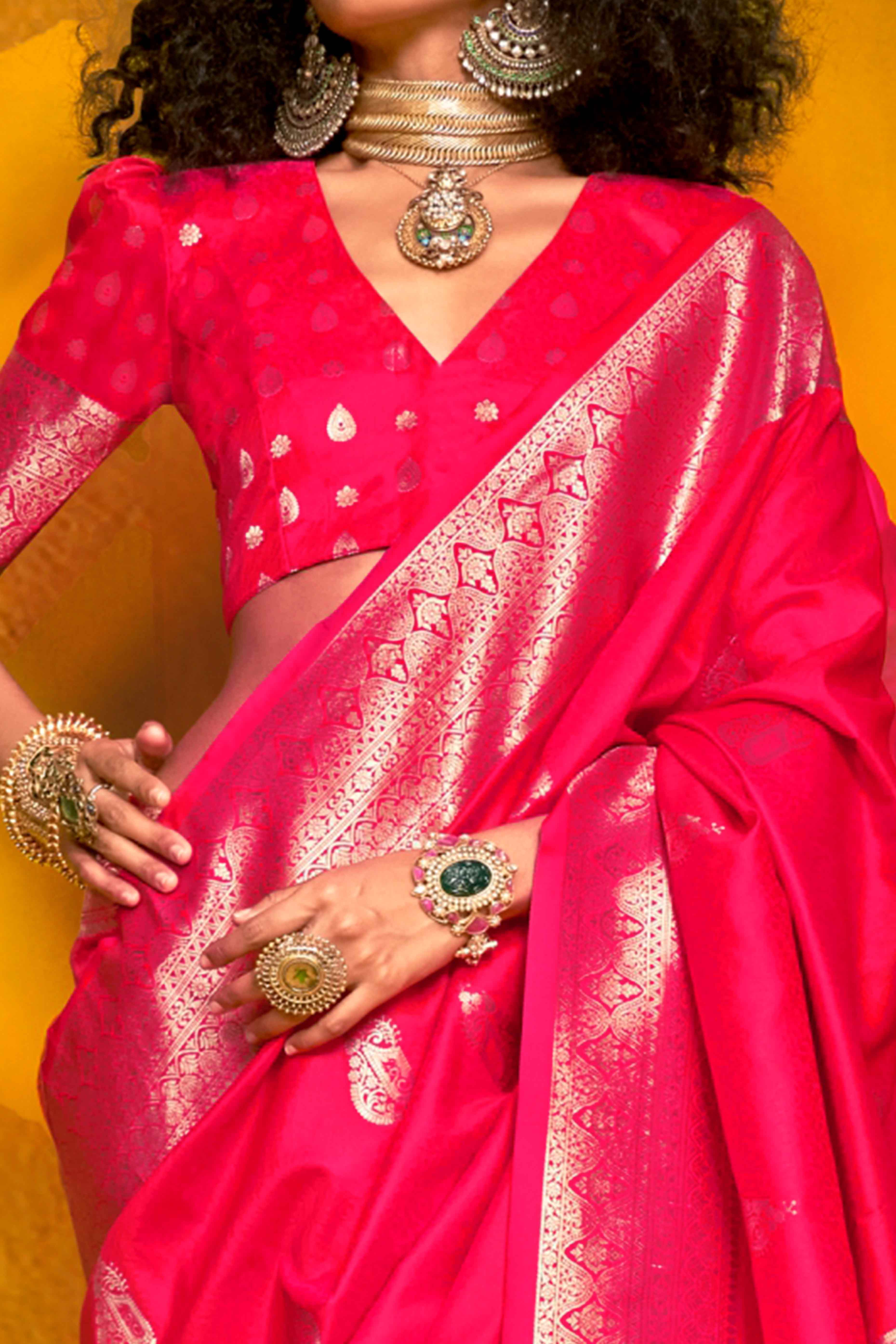 Pink Floral Zari Weaving Banarasi Silk Saree