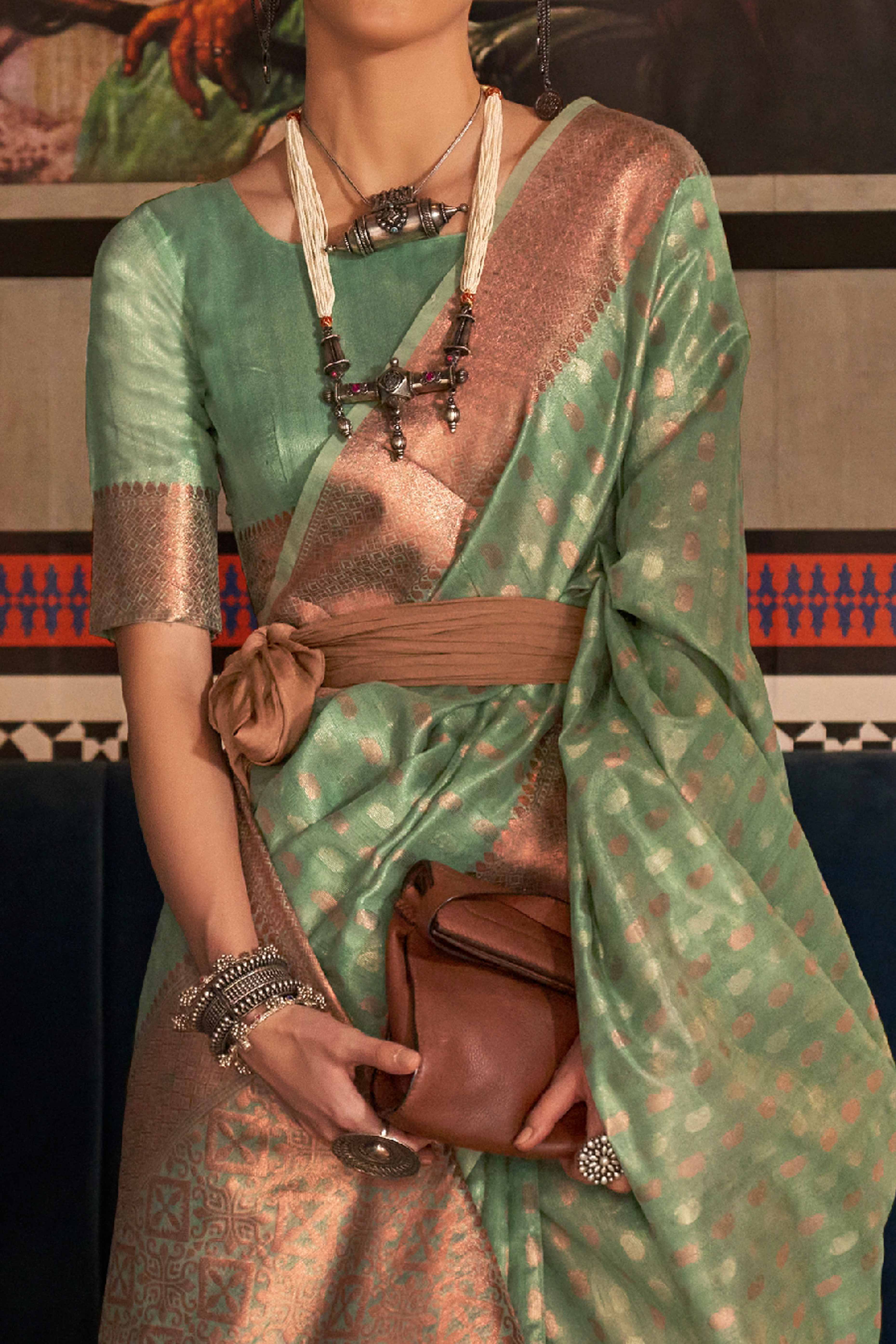Sea Green Handloom Zari Woven Tissue Saree