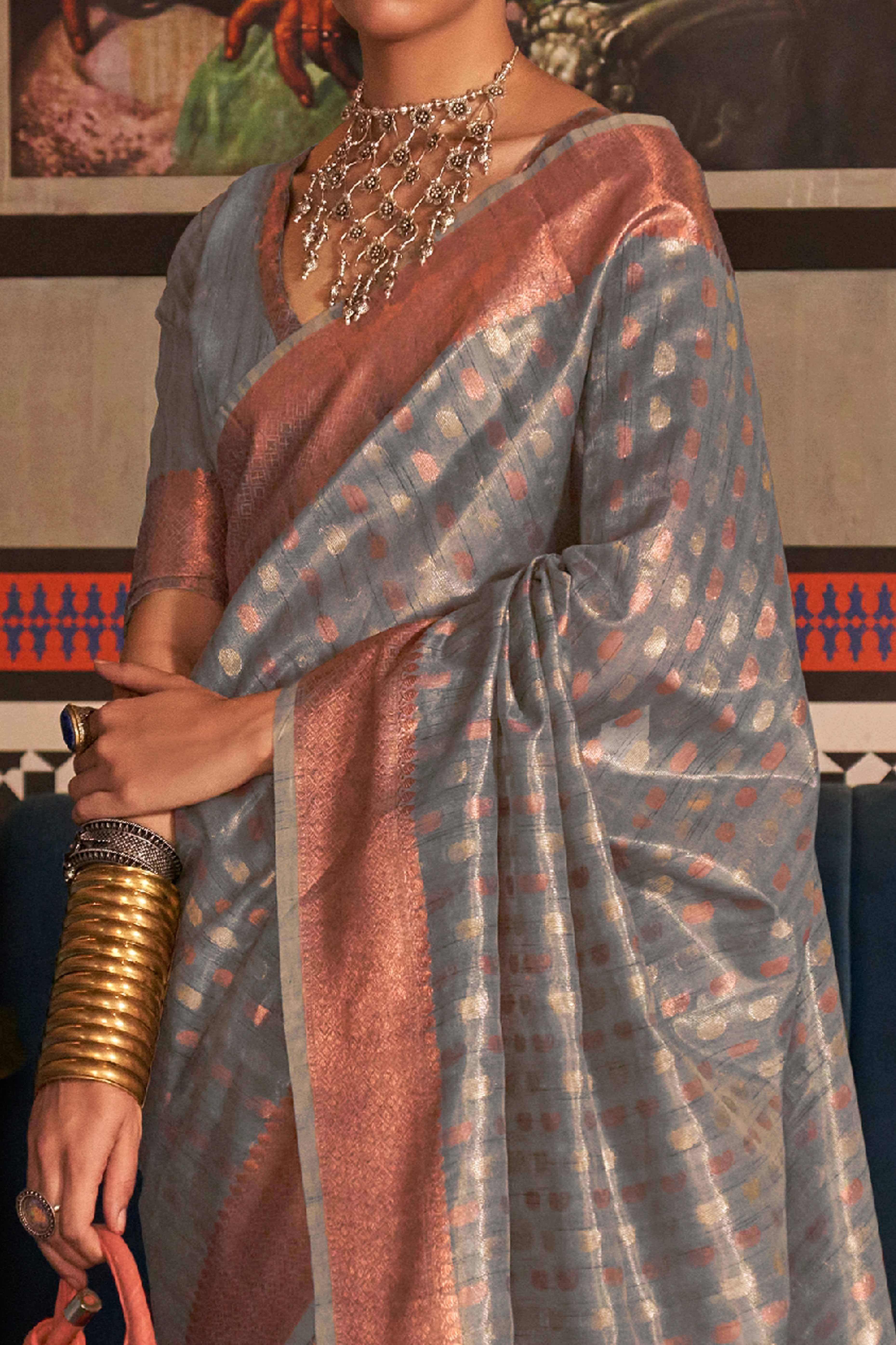 Grey Handloom Zari Woven Tissue Saree