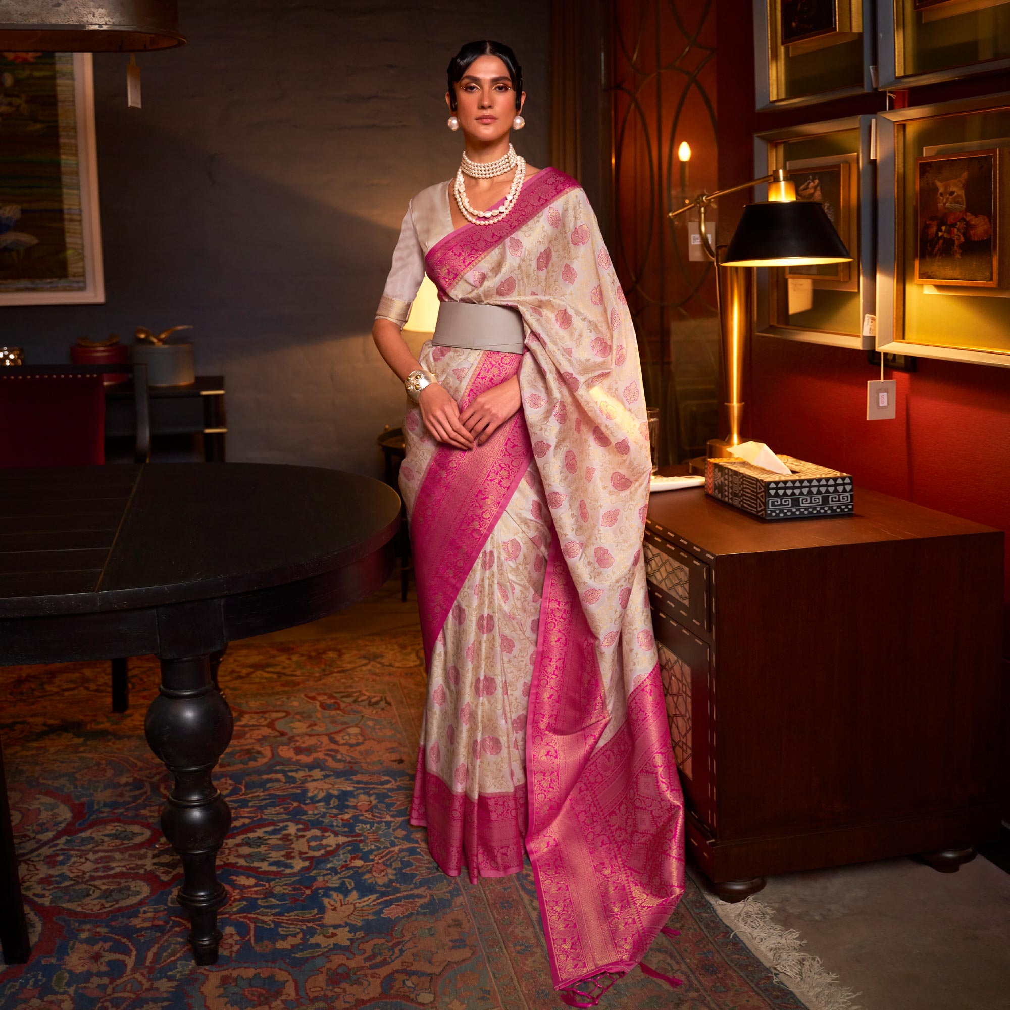 Off White & Rani Pink Floral Woven Art Silk Saree
