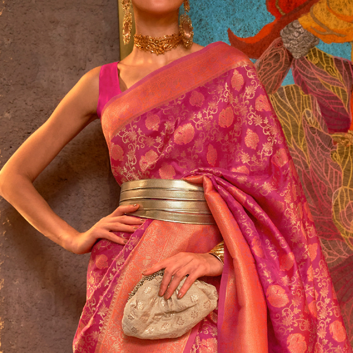 Rani Pink & Orange Floral Woven Art Silk Saree