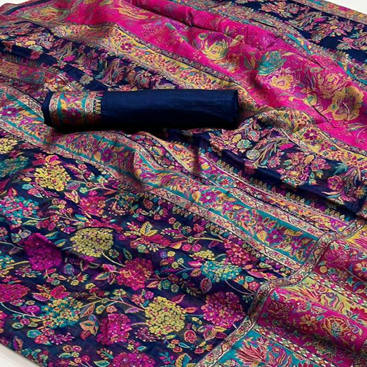 Navy Blue Floral Woven Pure Cotton Saree