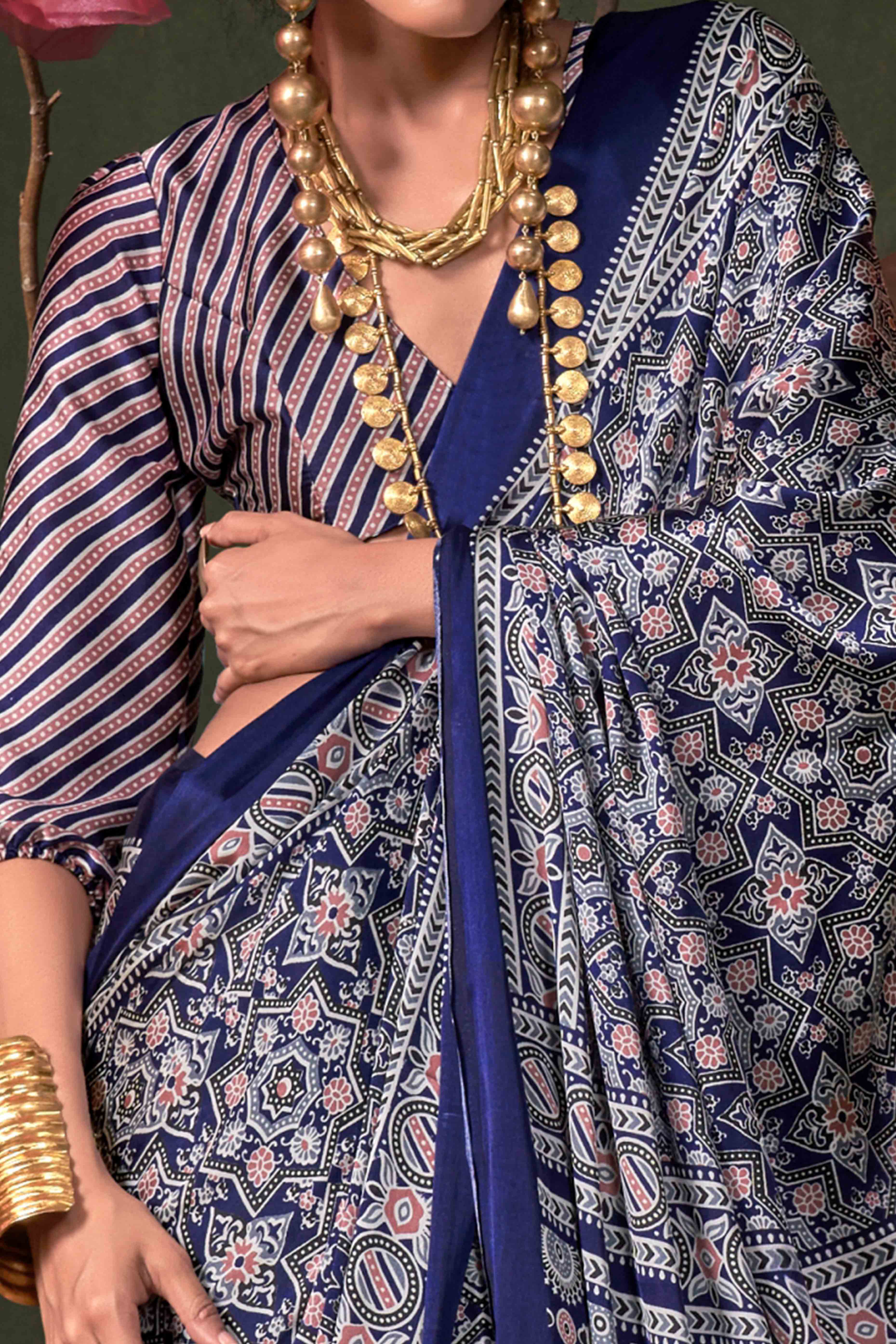 Classic Navy Blue Saree with Timeless Ajrakh Designs on Satin Crepe