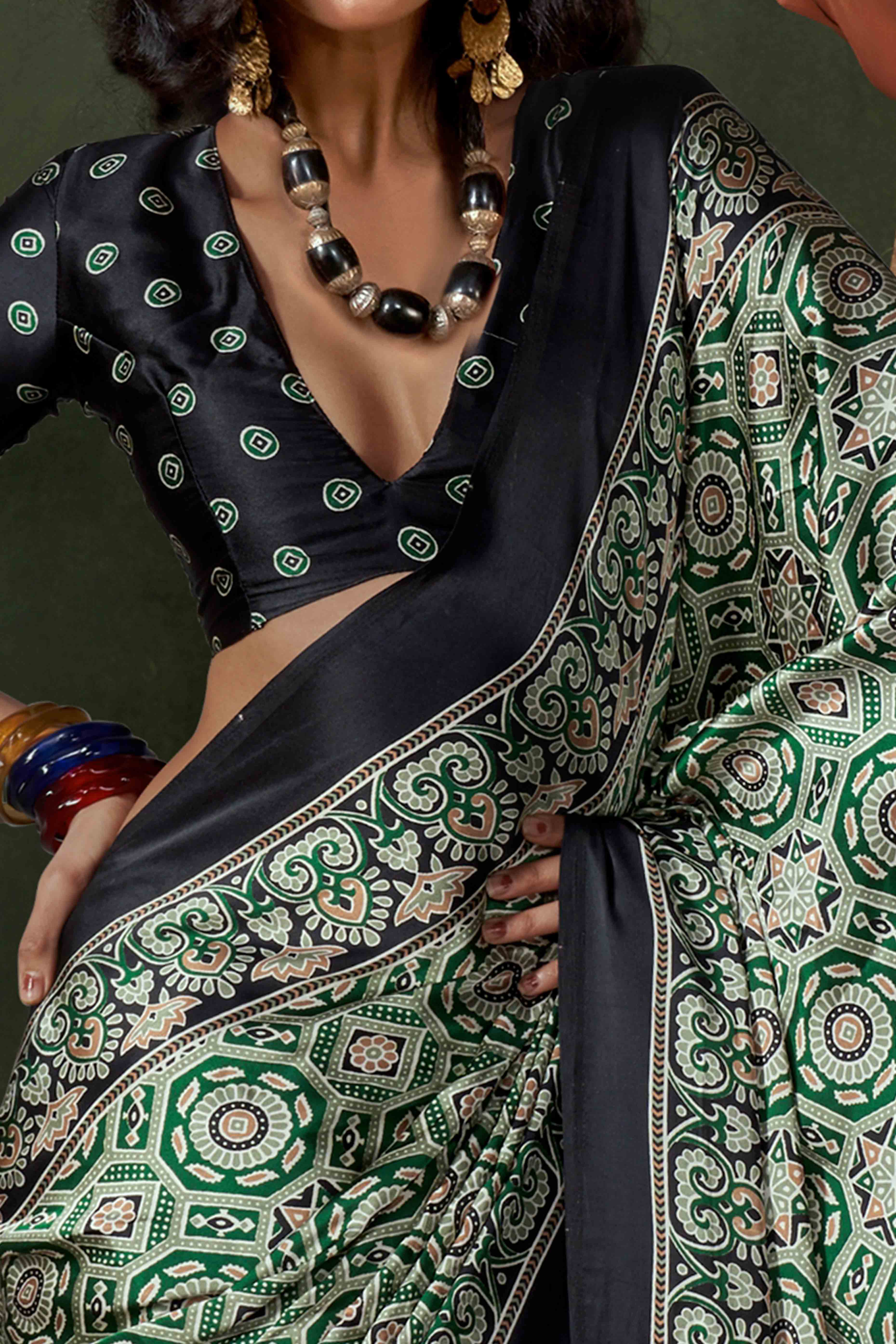Classic Green & Black Saree with Timeless Ajrakh Designs on Satin Crepe