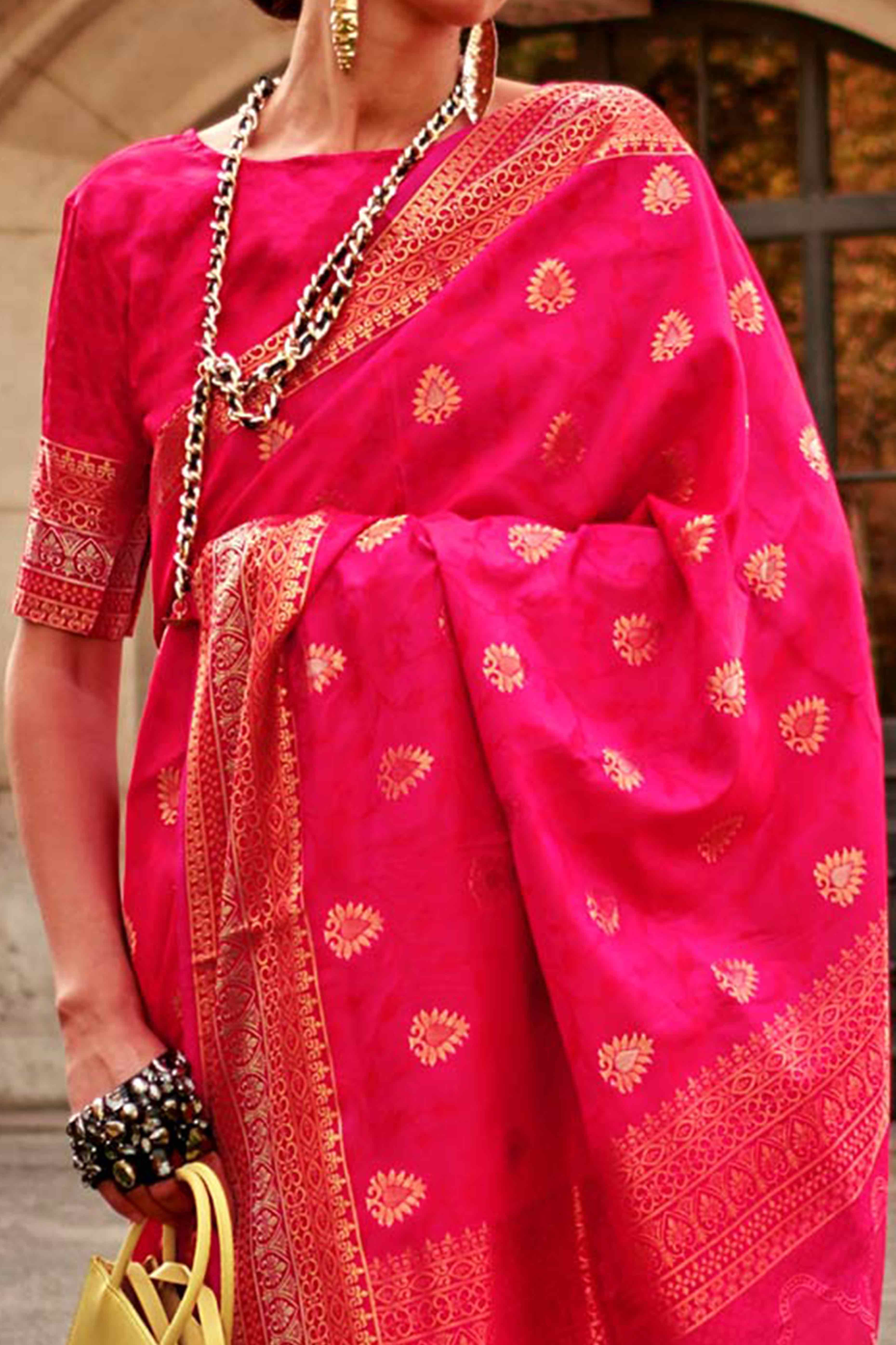 Pink Floral Zari Work Woven Banarasi Silk Saree