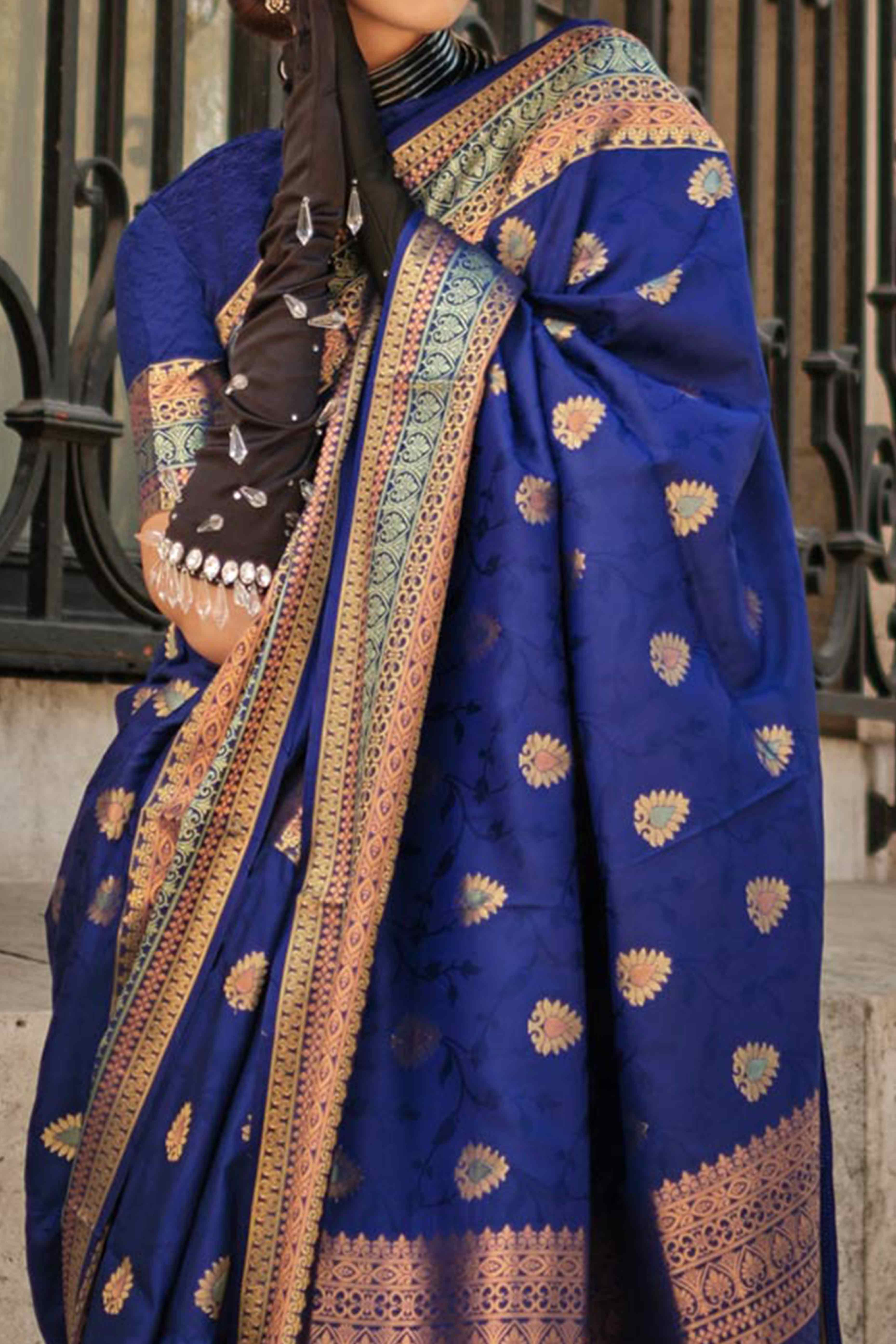 Blue Floral Zari Work Woven Banarasi Silk Saree