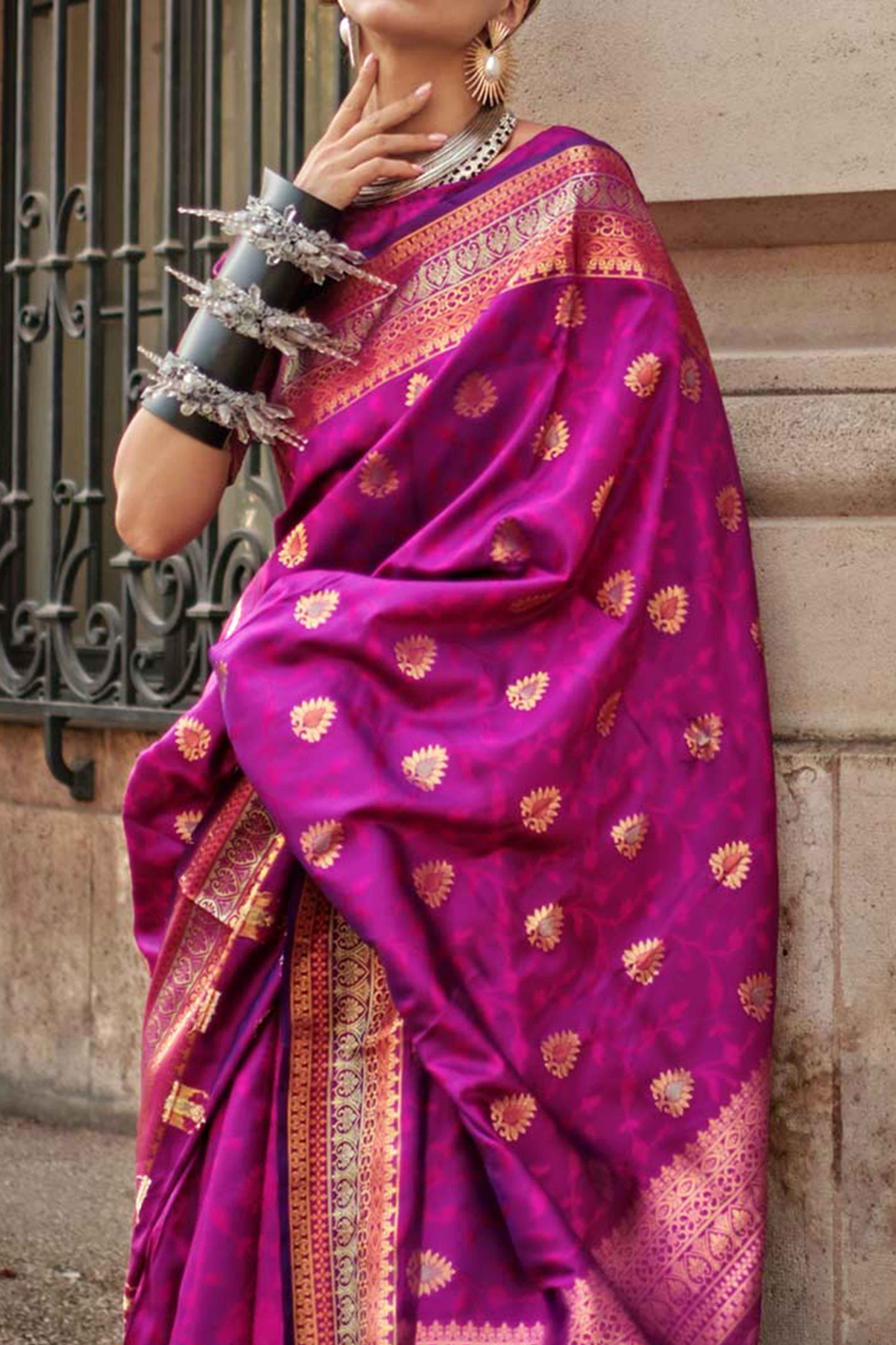 Magenta Floral Zari Work Woven Banarasi Silk Saree