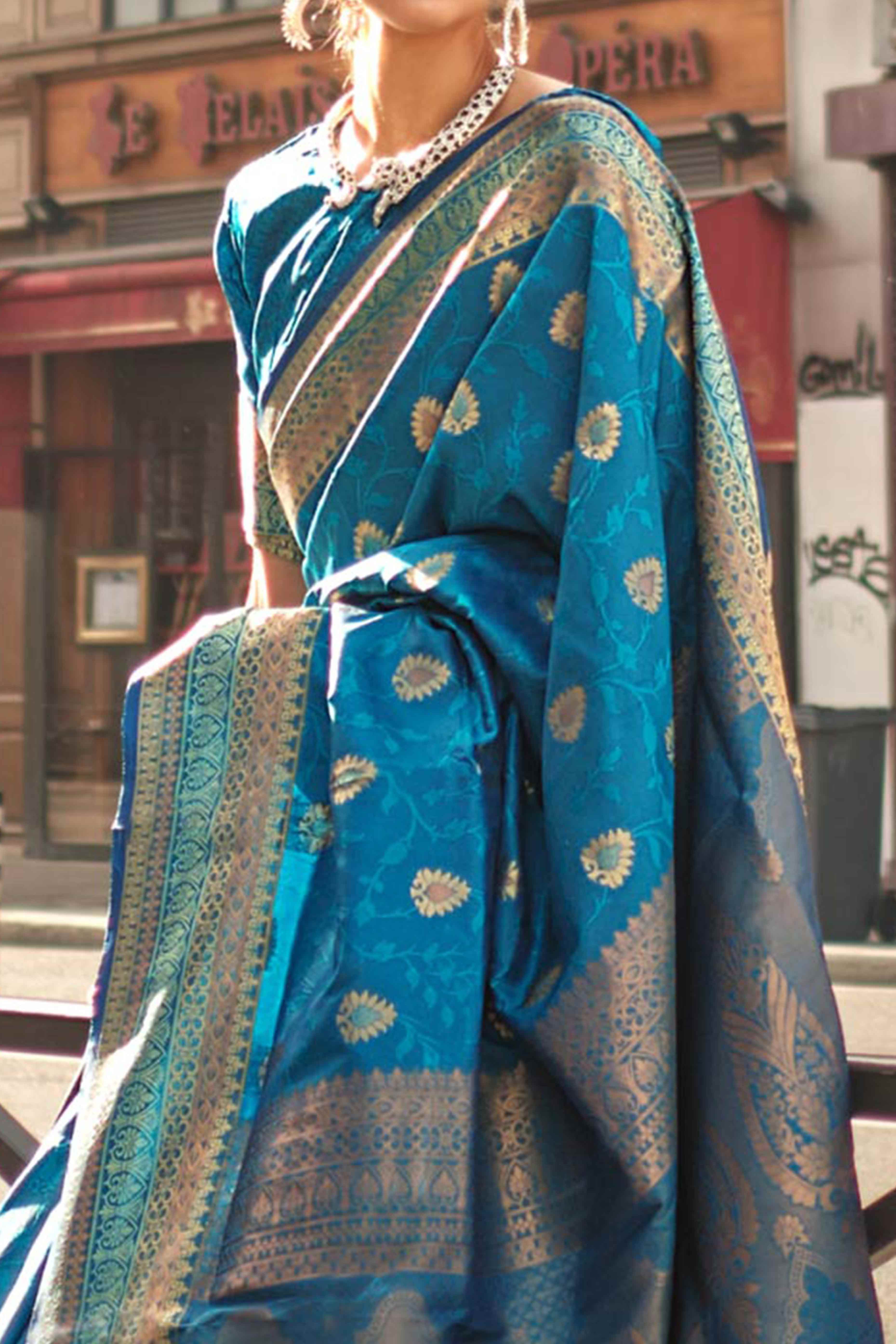 Teal Floral Zari Work Woven Banarasi Silk Saree