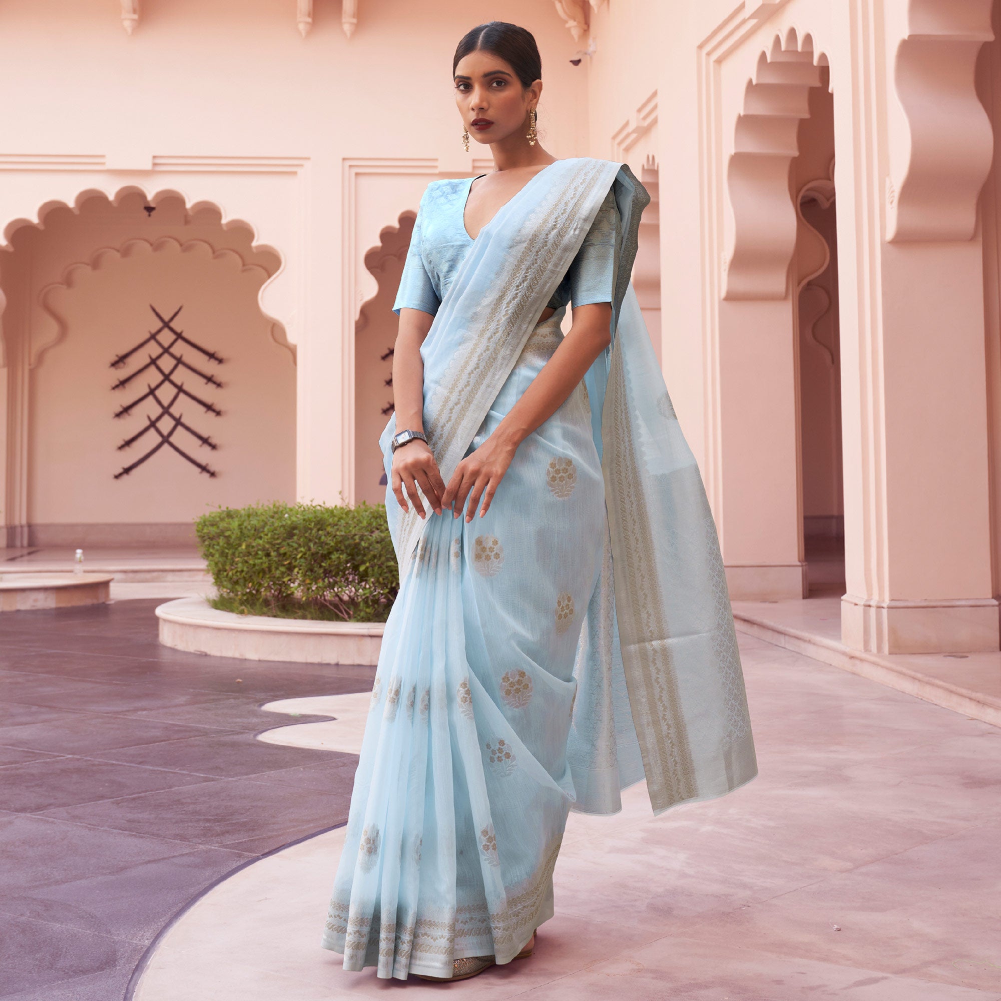 Sky Blue Woven Linen Saree