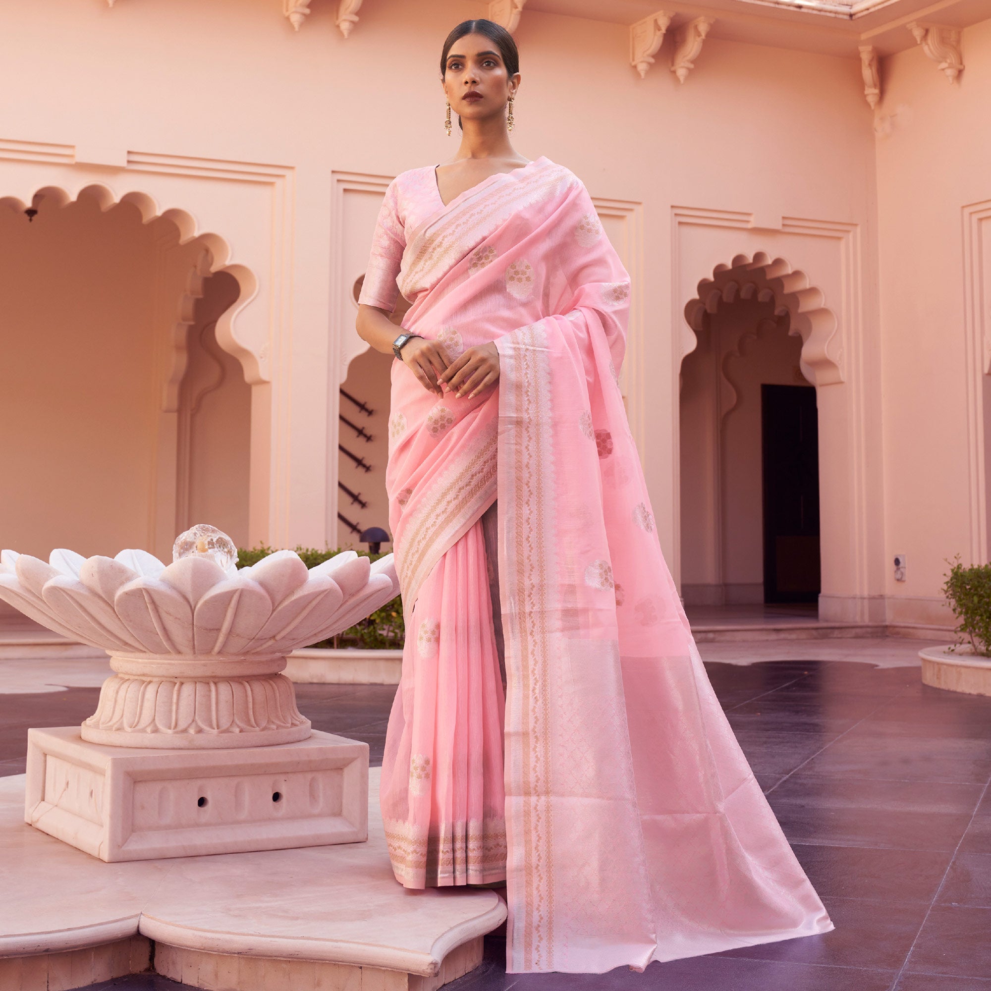 Light Pink Woven Linen Saree