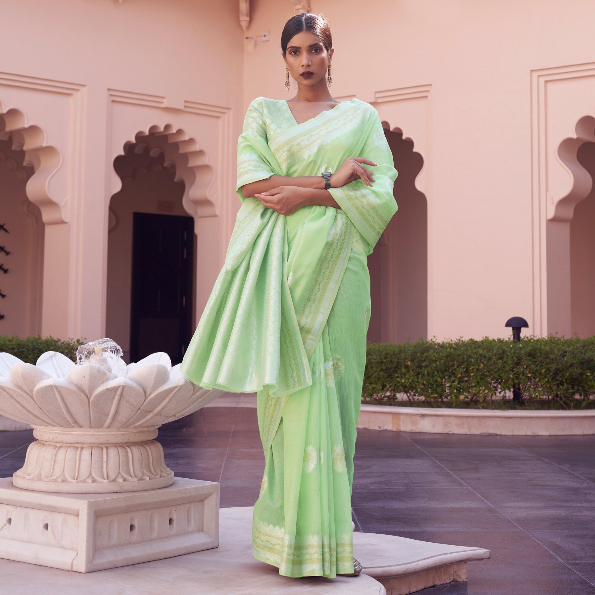 Green Woven Linen Saree