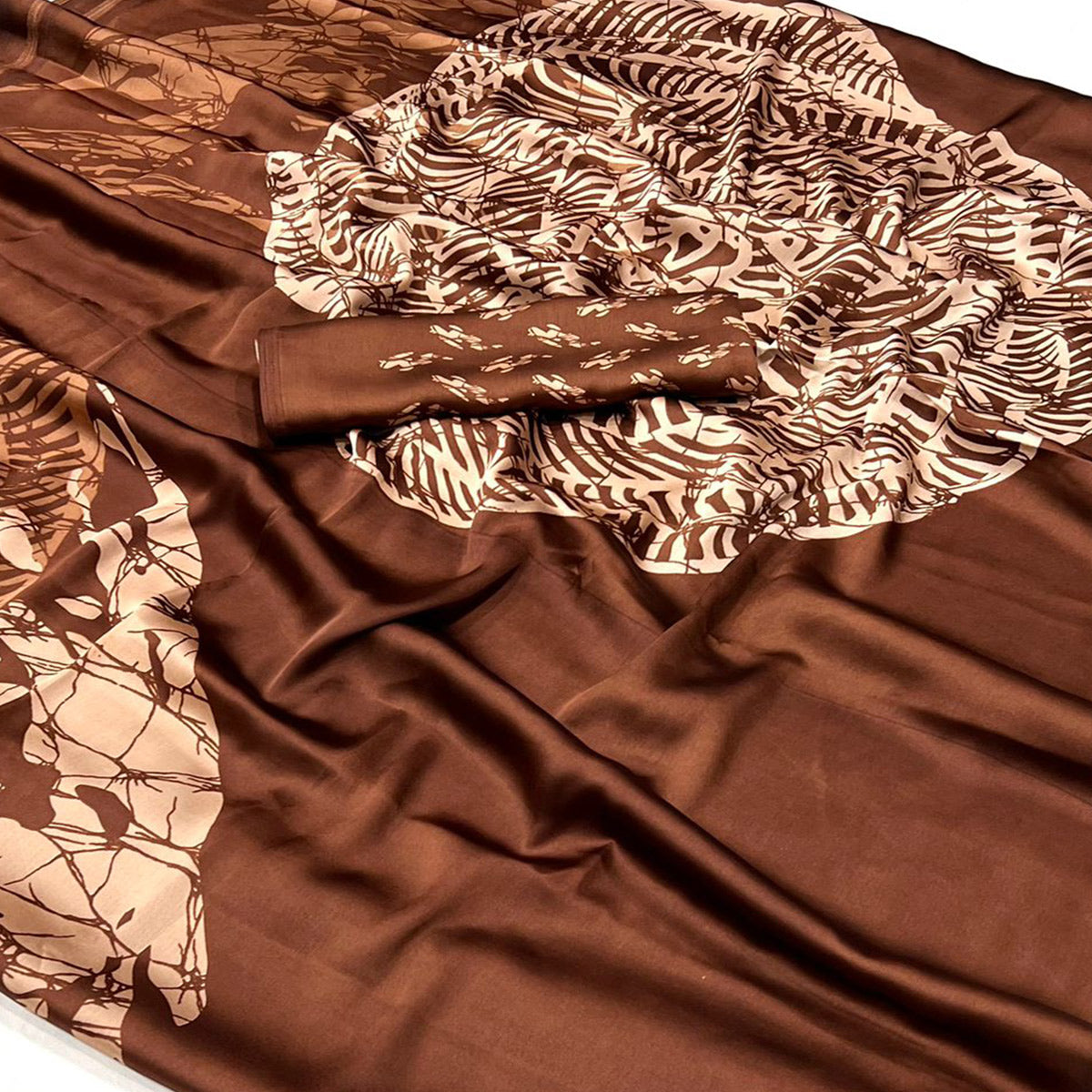 Brown Contemporary Printed Satin Saree