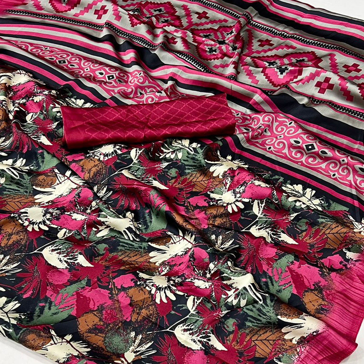Black & Pink Contemporary Printed Satin Saree