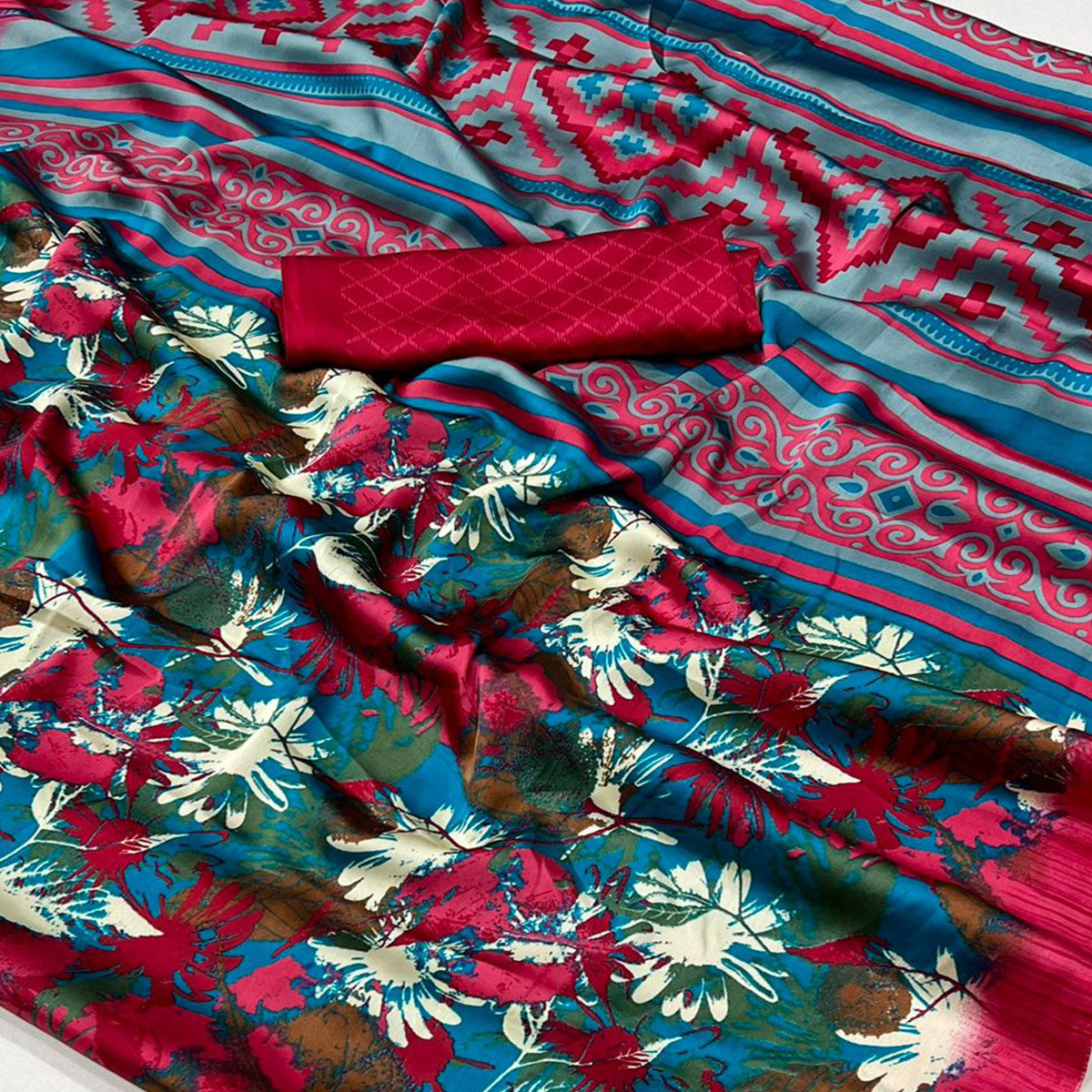 Teal & Pink Contemporary Printed Satin Saree