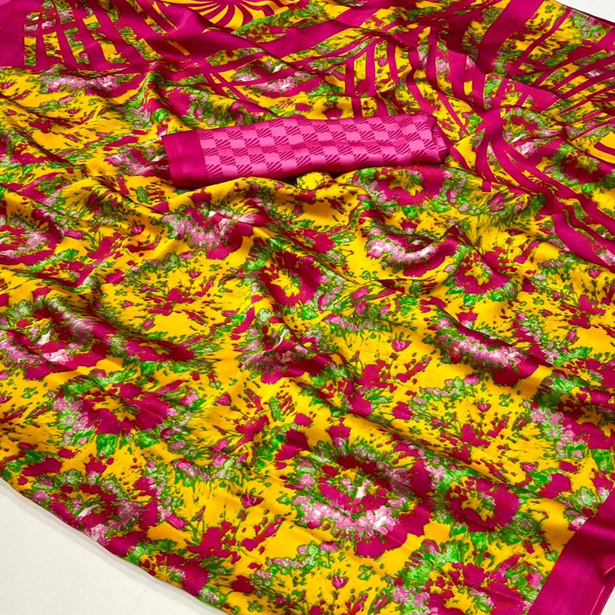 Yellow & Pink Contemporary Printed Satin Saree