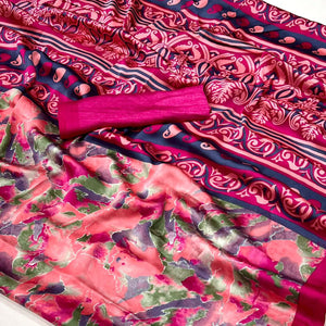 Peach & Pink Contemporary Printed Satin Saree