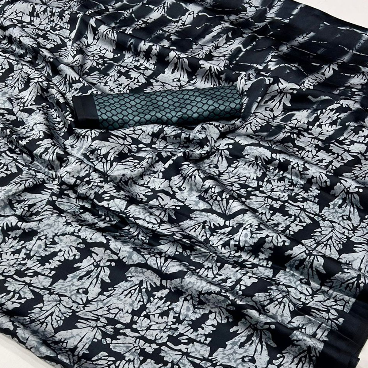 Grey & Black Contemporary Printed Satin Saree