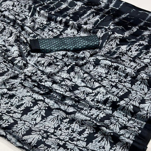Grey & Black Contemporary Printed Satin Saree