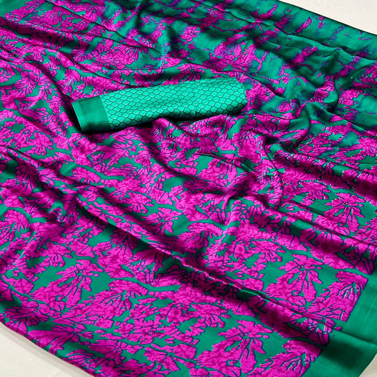 Green & Pink Contemporary Printed Satin Saree