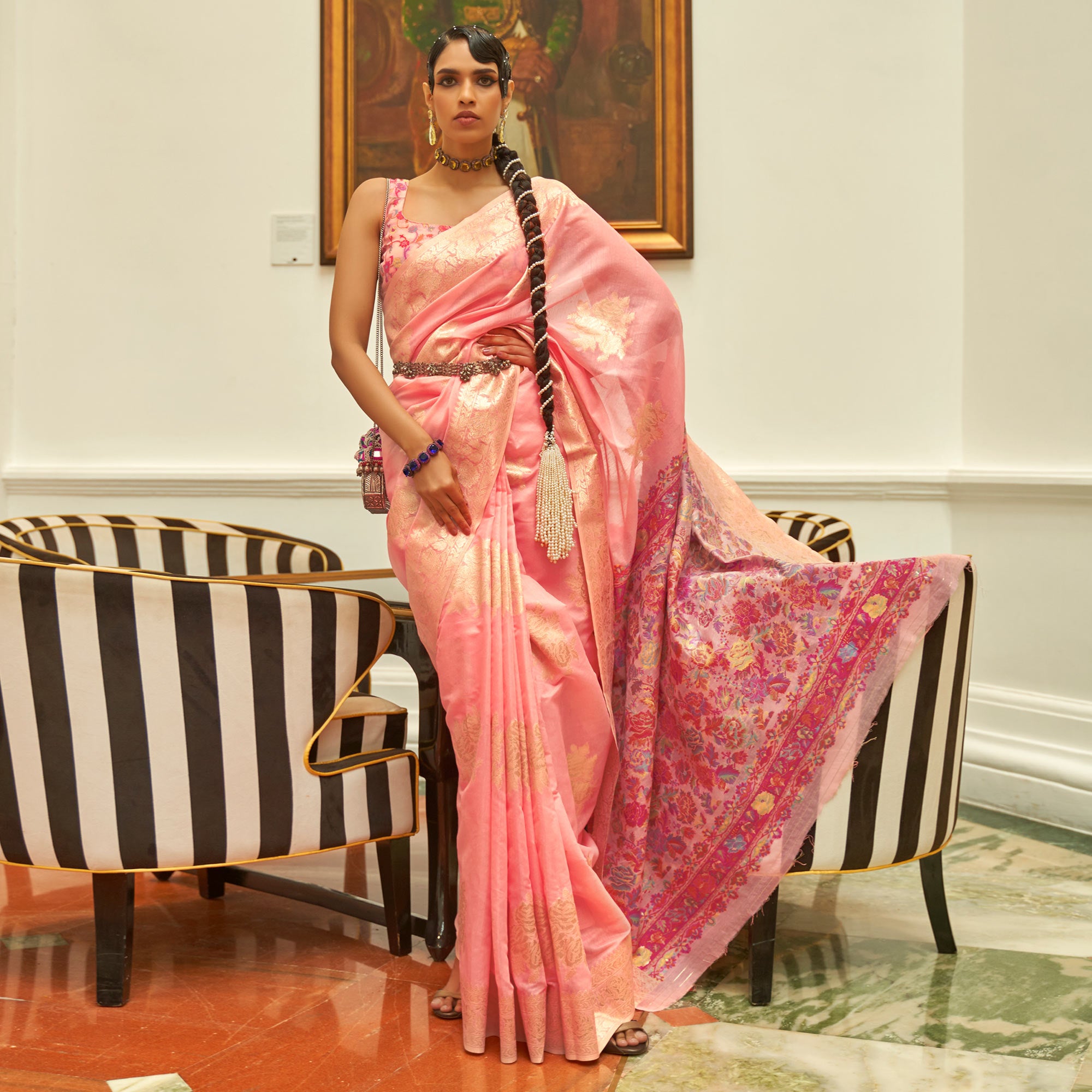 Peach Floral Woven Modal Saree