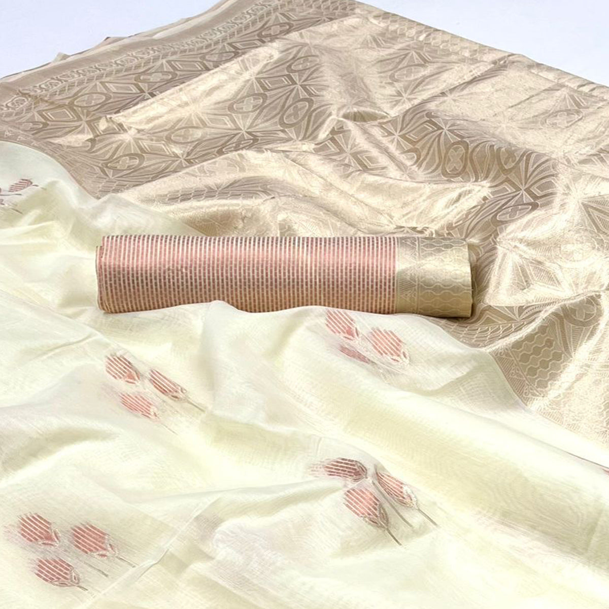 Off White Zari Woven Linen Saree
