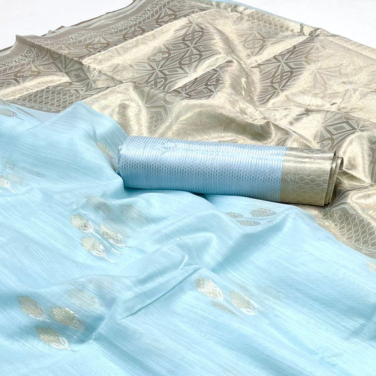 Sky Blue Zari Woven Linen Saree