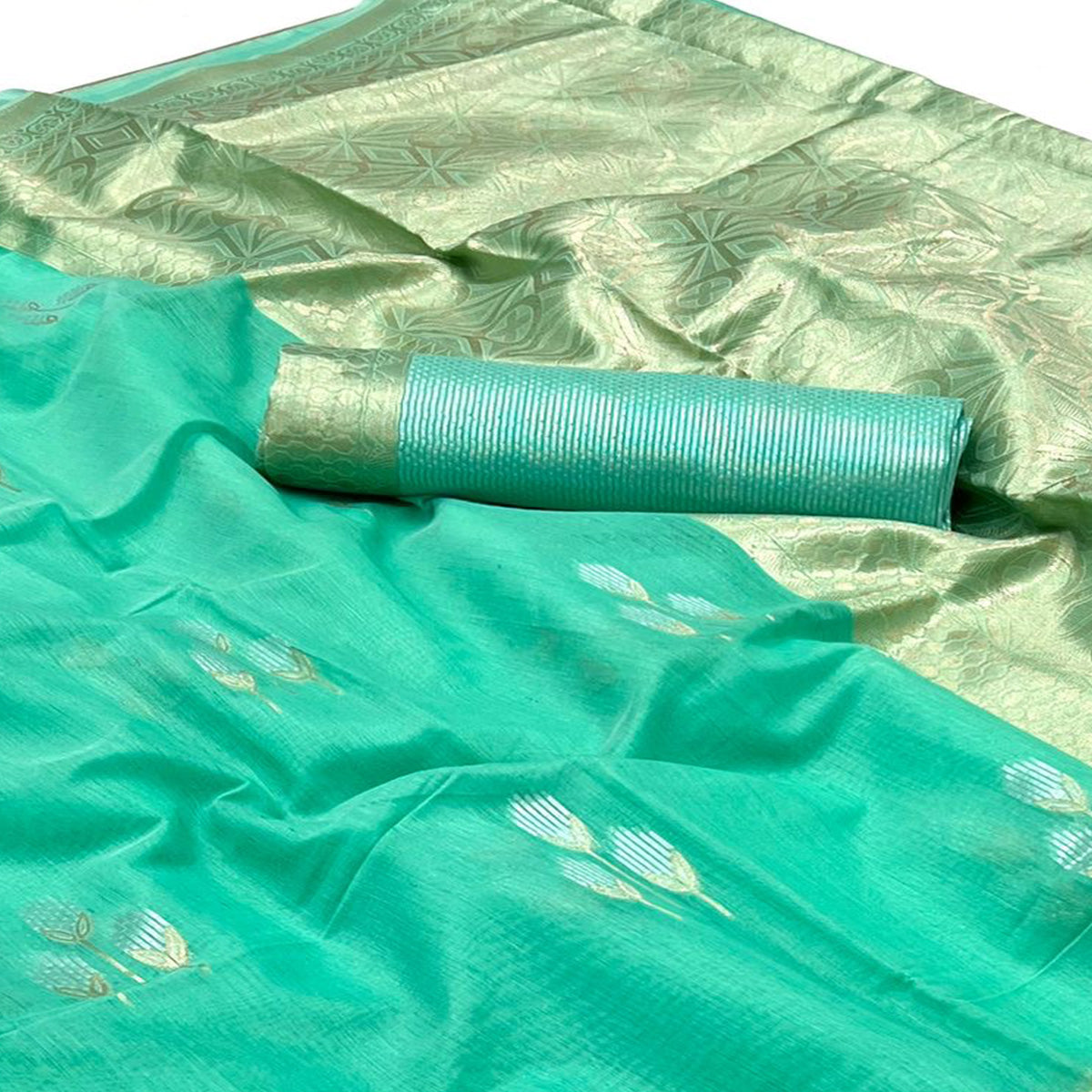 Turquoise Zari Woven Linen Saree