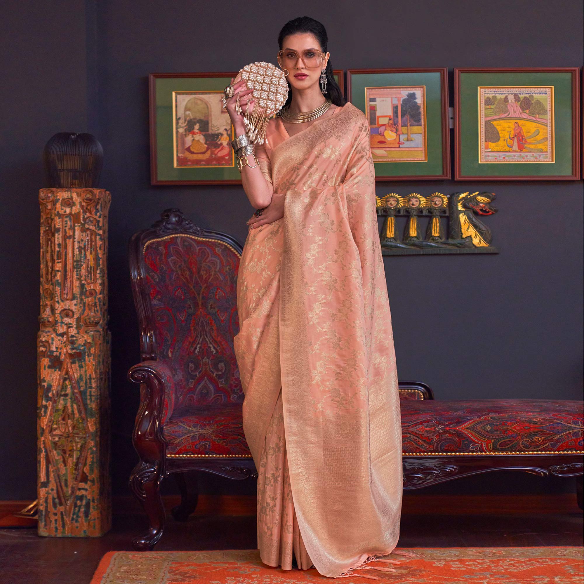 Peach Woven Art Silk Saree With Tassels