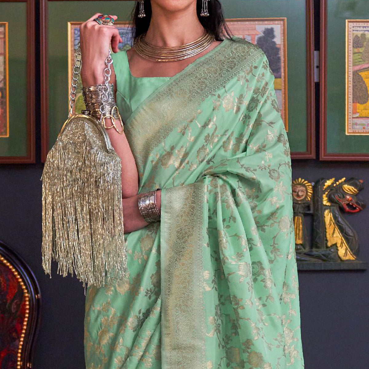 Sea Green Woven Art Silk Saree With Tassels