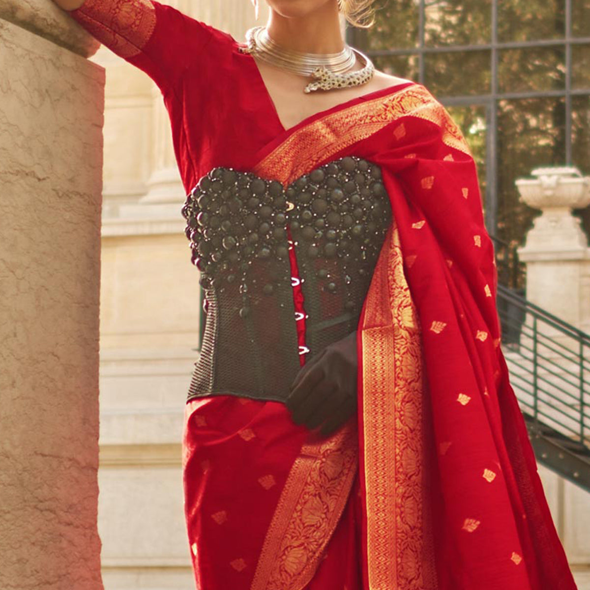 Red Floral Woven Khaadi Silk Saree