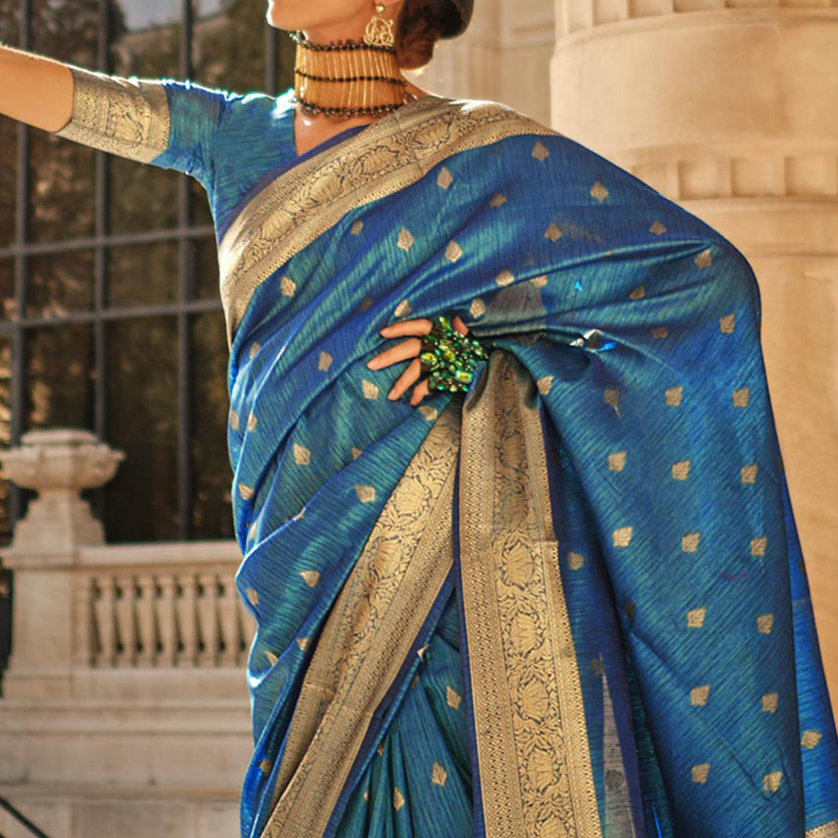 Blue Floral Woven Khaadi Silk Saree