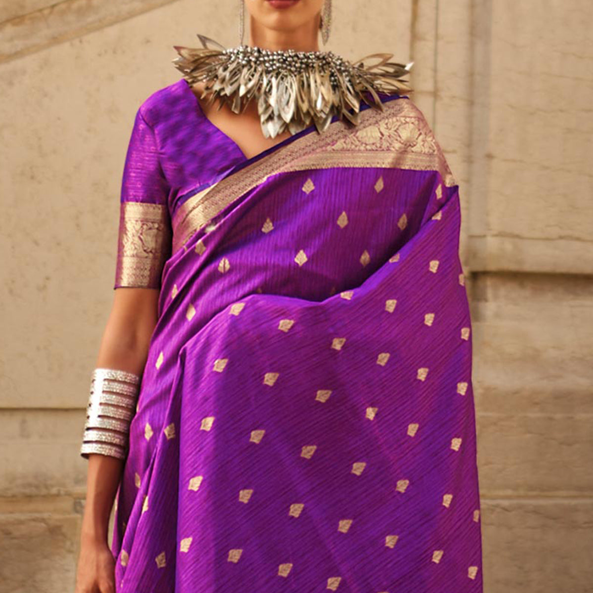 Purple Floral Woven Khaadi Silk Saree