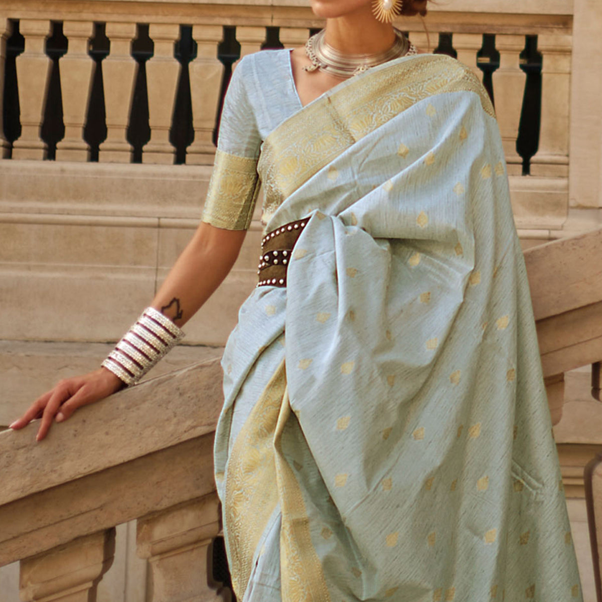 Grey Floral Woven Khaadi Silk Saree