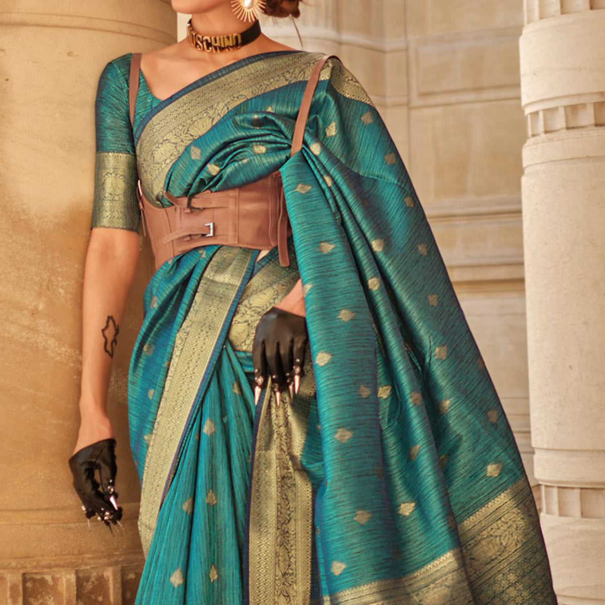 Rama Green Floral Woven Khaadi Silk Saree