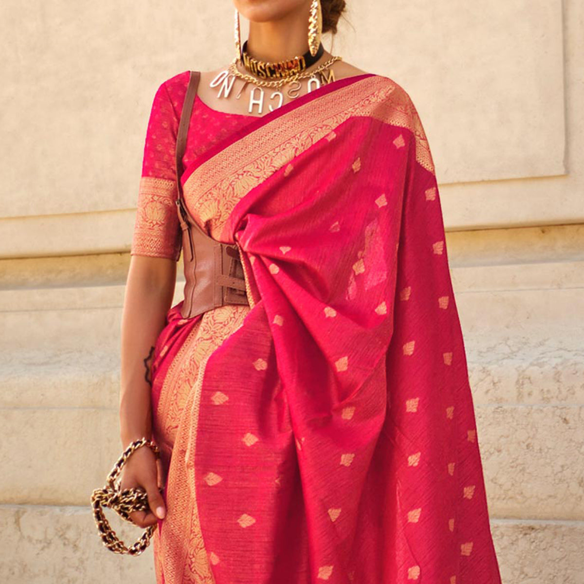 Coral Floral Woven Khaadi Silk Saree