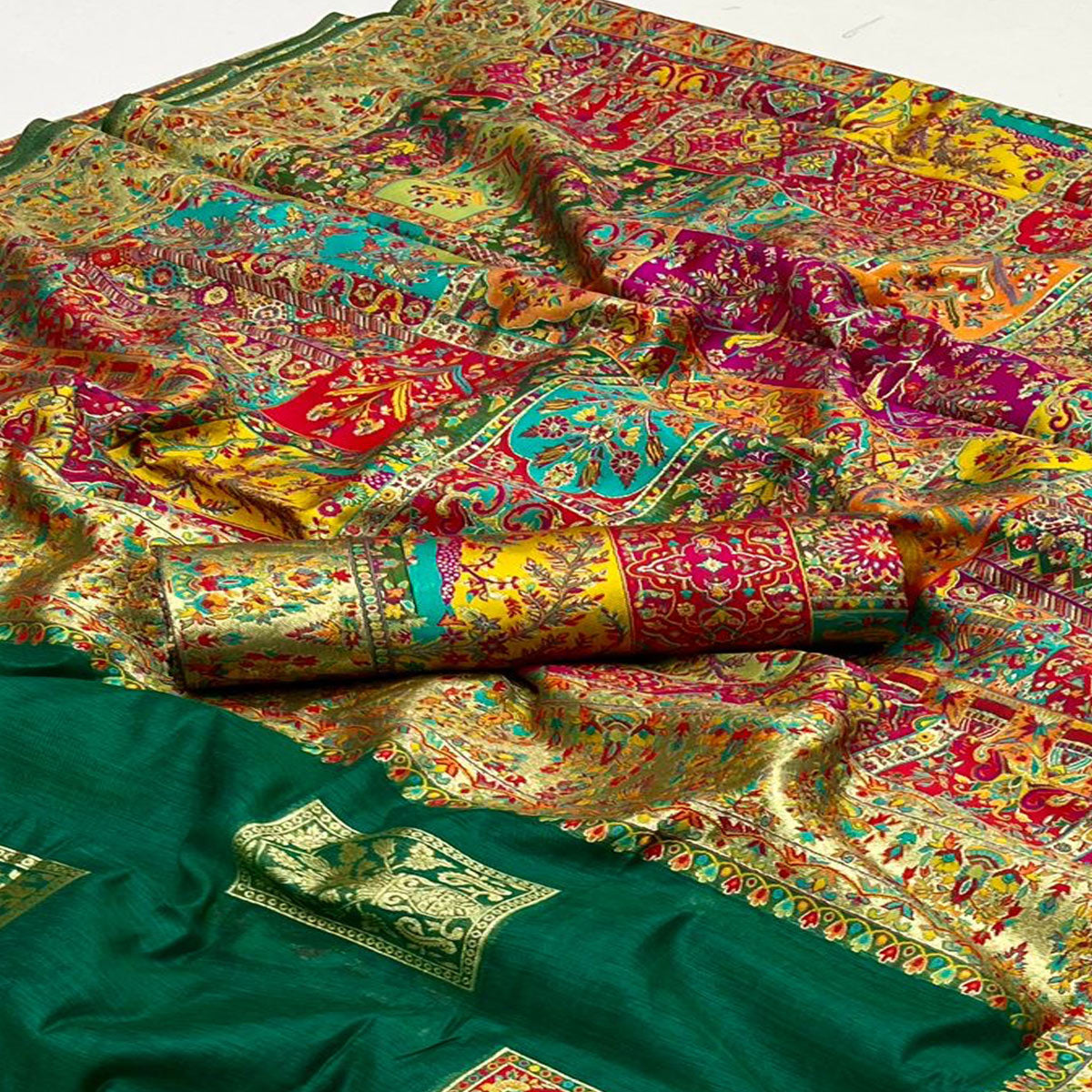 Dark Green Floral Embroidered Woven Chanderi Silk Saree
