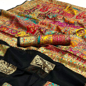 Black Floral Embroidered Woven Chanderi Silk Saree