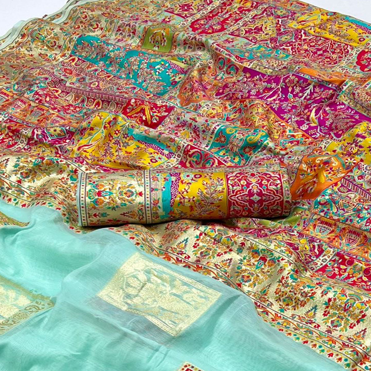Light Turquoise Floral Embroidered Woven Chanderi Silk Saree