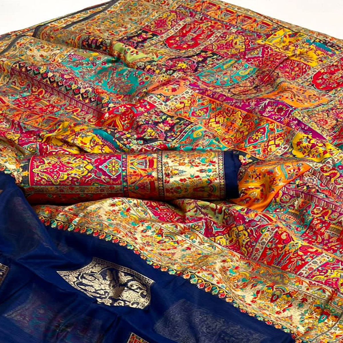 Navy Blue Floral Embroidered Woven Chanderi Silk Saree