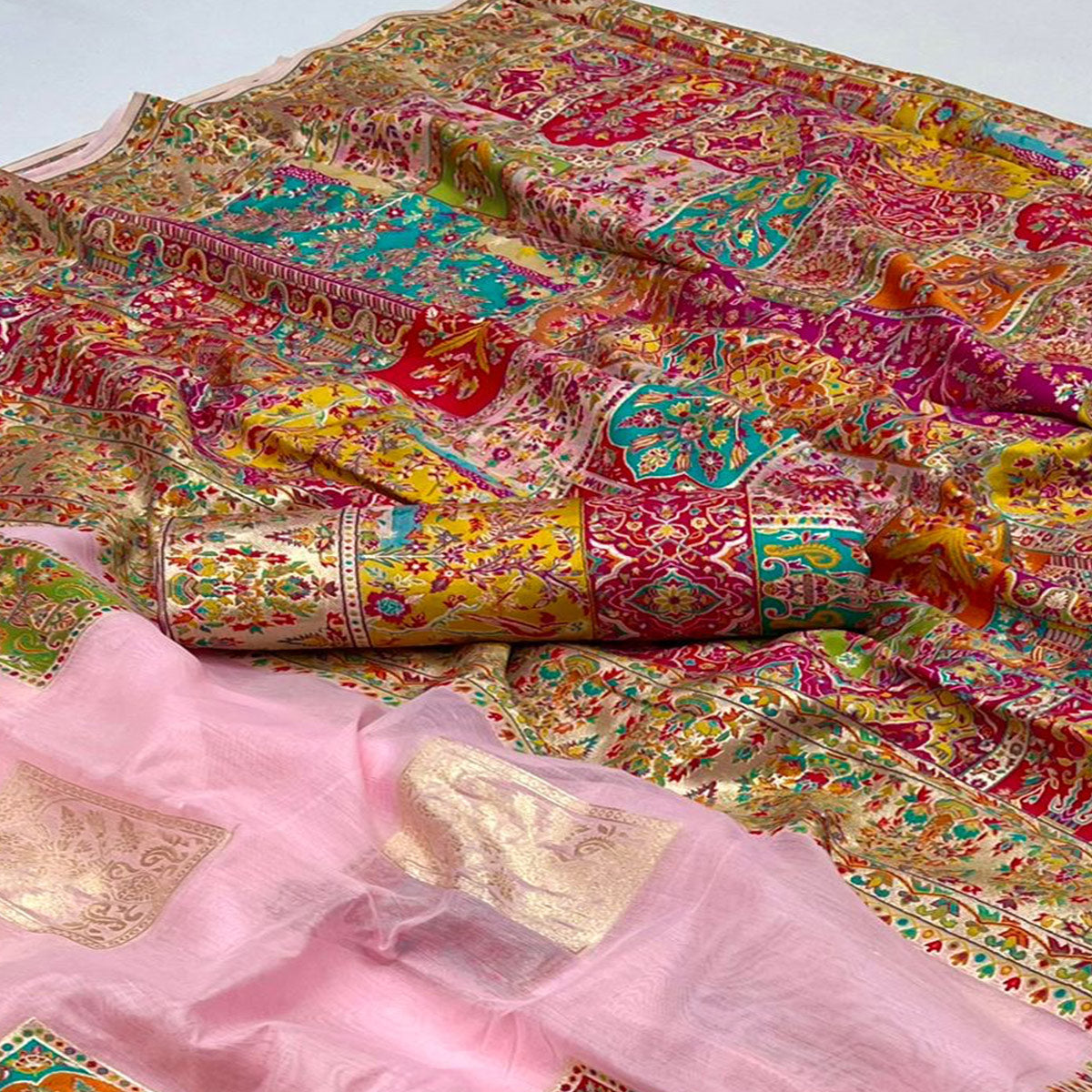 Pink Floral Embroidered Woven Chanderi Silk Saree