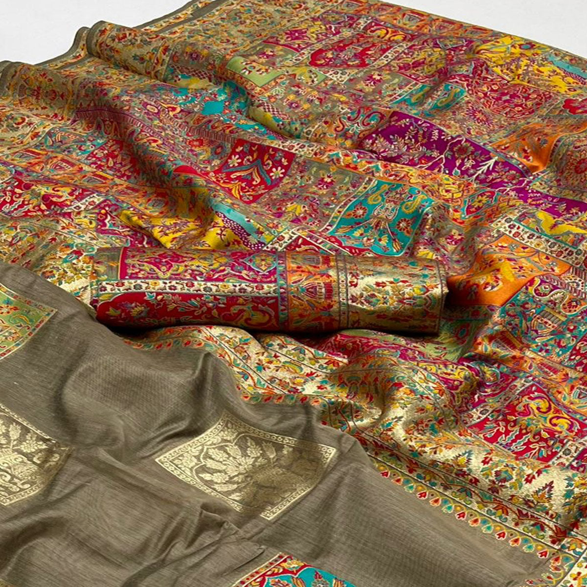 Brown Floral Embroidered Woven Chanderi Silk Saree