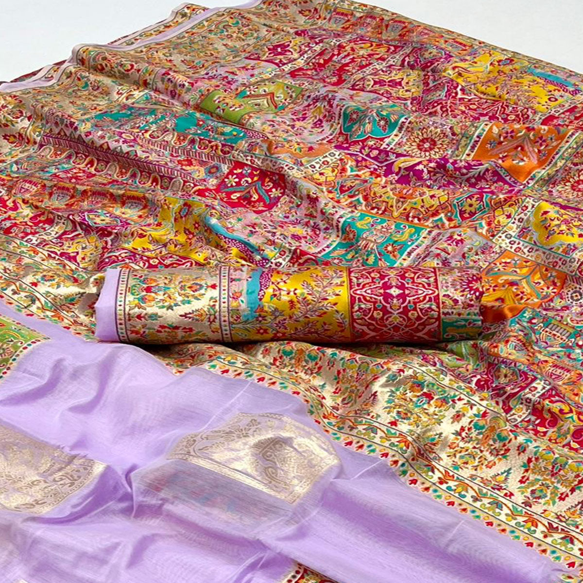 Lavender Floral Embroidered Woven Chanderi Silk Saree