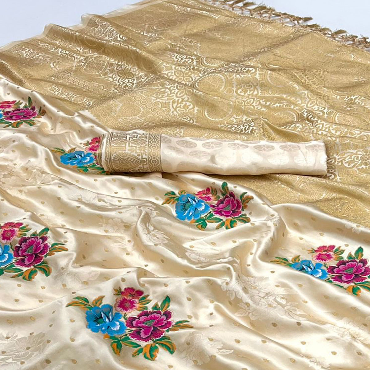 Off White Floral Woven Satin Saree With Tassels